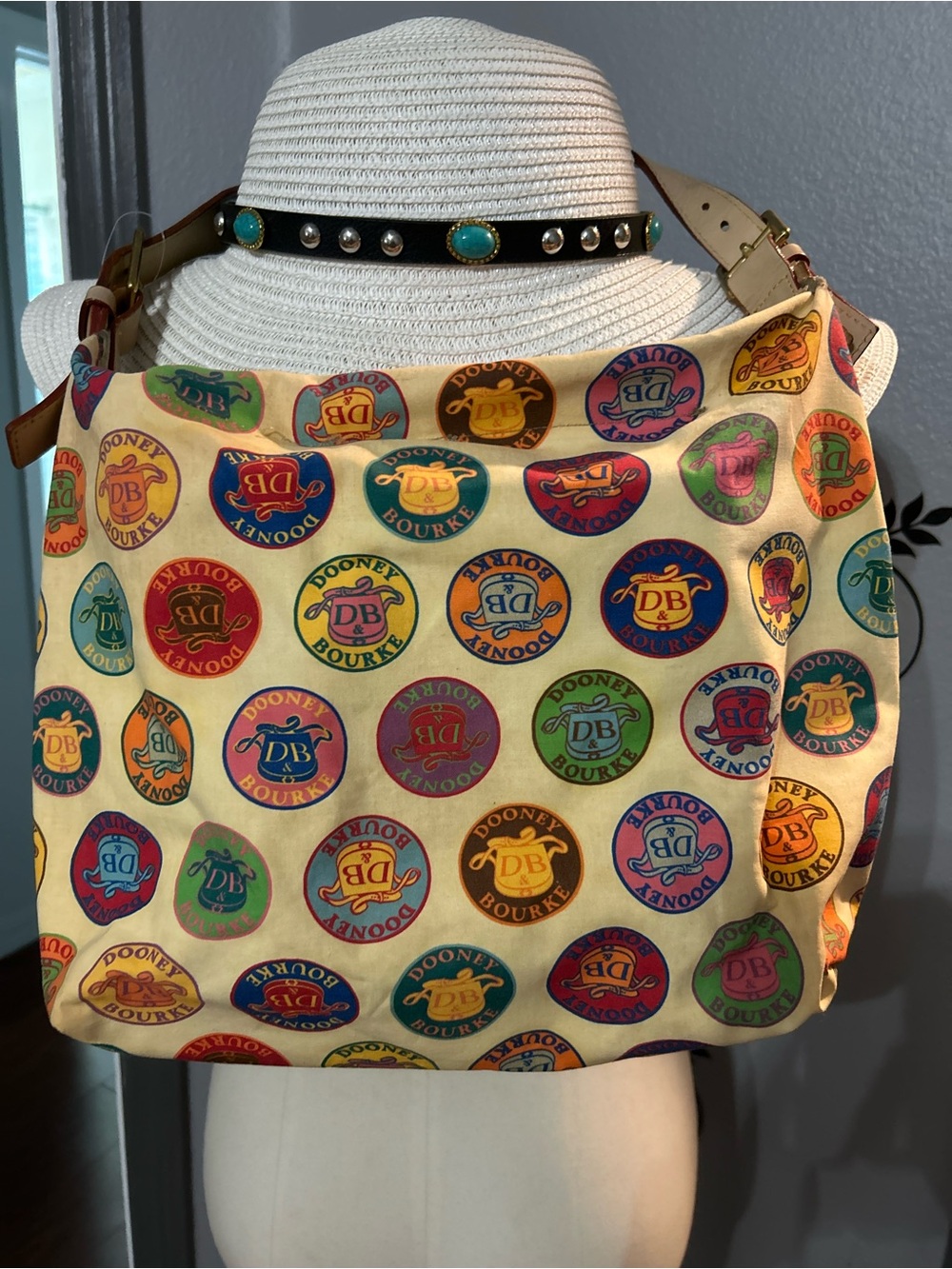 Vintage Dooney & Bourke Rehab Multicolor Logo Circle Canvas Shoulder Bag